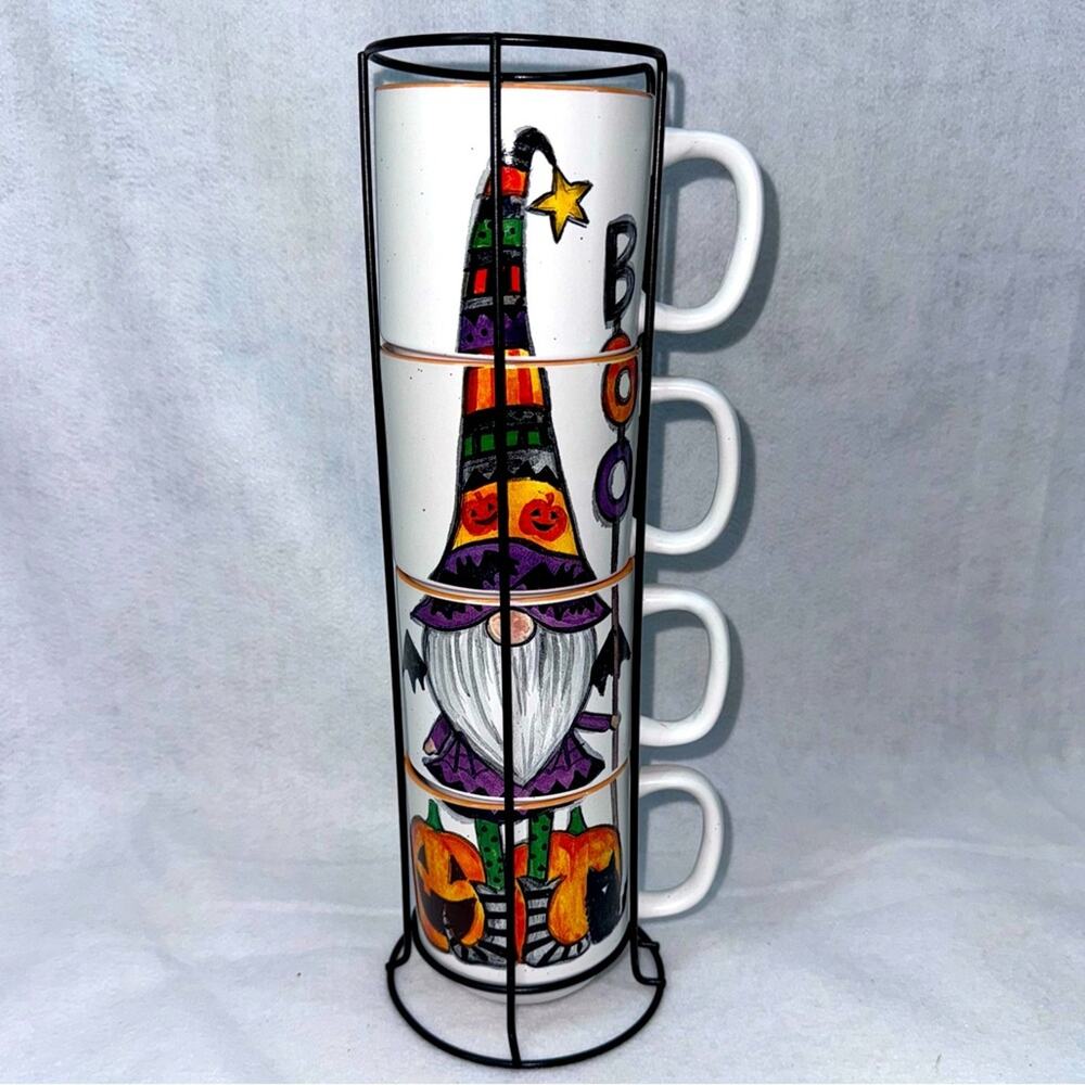 EUC Cobwebs & Cauldrons 4pc Halloween Mug Set with Holder Gnome Troll BOO